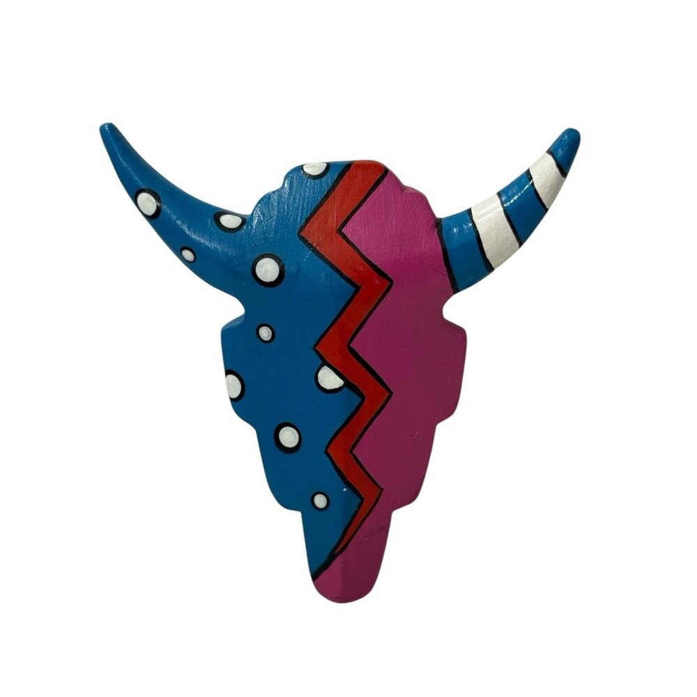Bull Head Brooch Pin Pink Blue Polka Dot Wood Cattle Pin Folk Painted Unique VTG